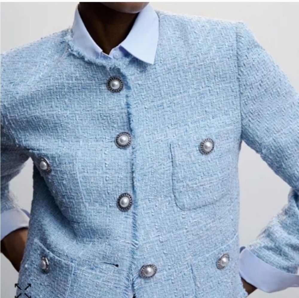 MANGO BLOGGER FAVE Blue Textured Tweed Classic Blazer Pearl Button Suit Jacket M - Picture 7 of 7